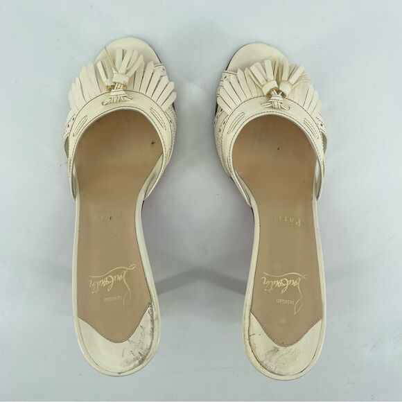 Christian Louboutin Fringe Peep Toe Mule Sandals Cream Leather EU 37.5 Heels - Picture 4 of 16